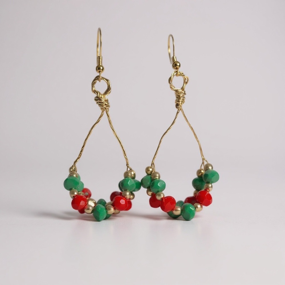 Handcrafted Holiday Red And Green Wire Wrapped Dangle Earrings